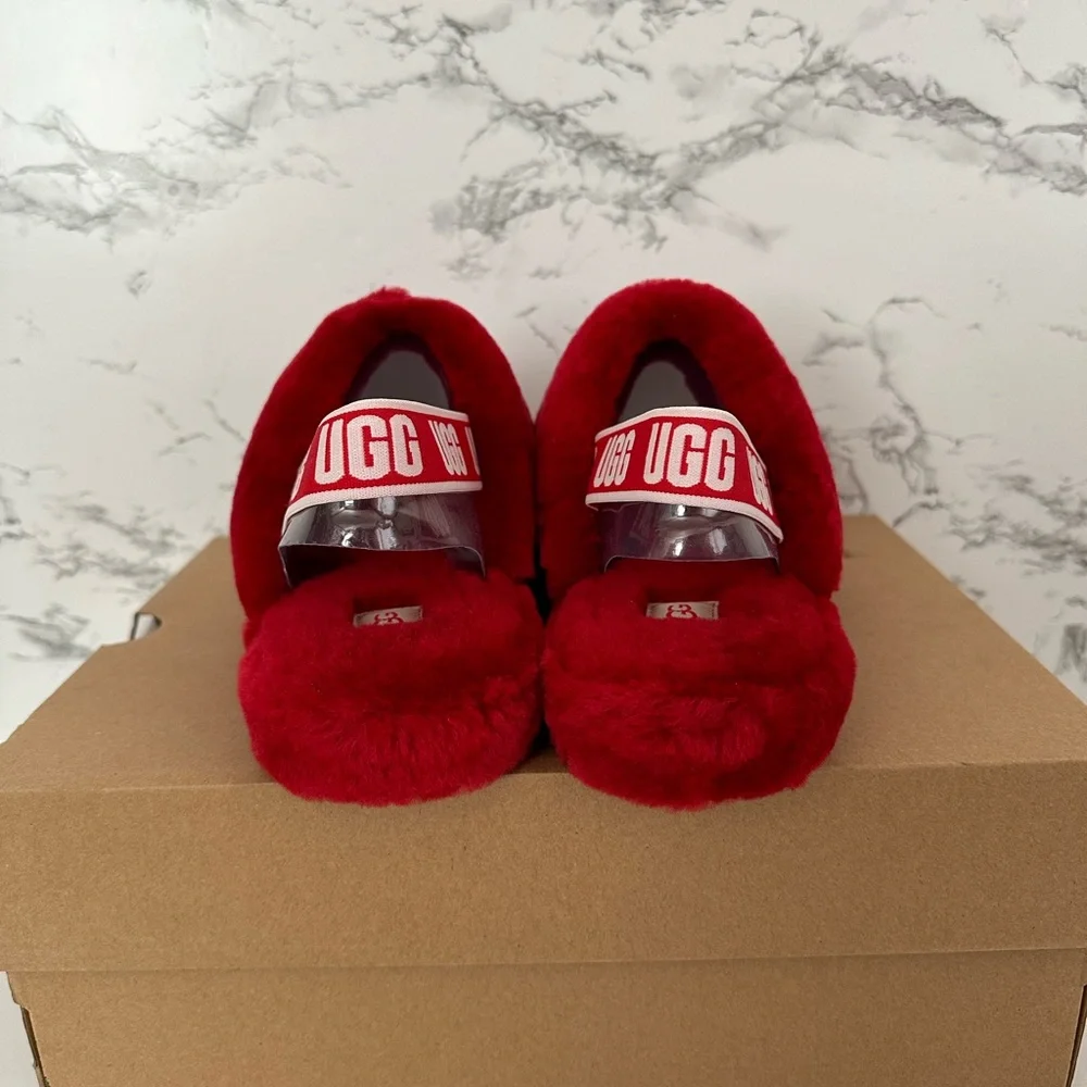 UGG Fluff Yeah Ruby Red Slide Slippers Shoes - Picture 4 of 9